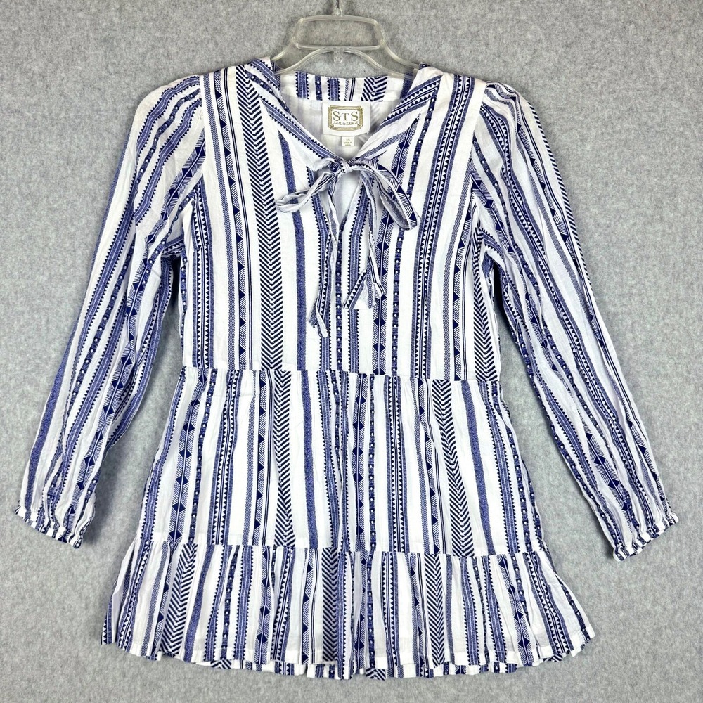 STS Sail To Sable Womens Dress XS Tiered Blue White Cotton Long Sleeve Lined Tie